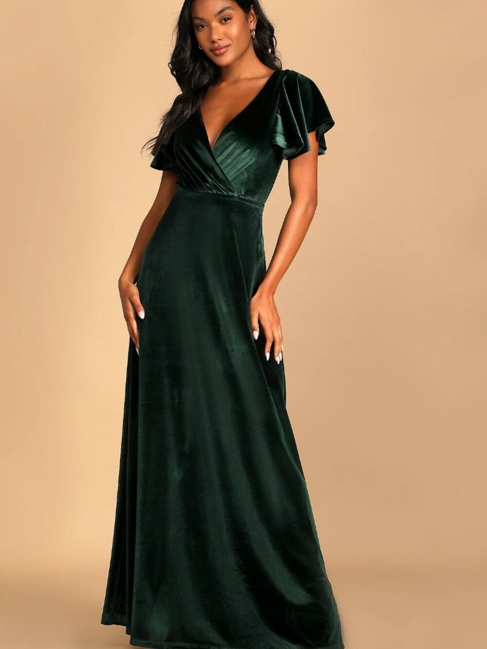 Lulu's Absolutely Amazed Emerald Green Velvet Flutter Sleeve Maxi Dress Size M
